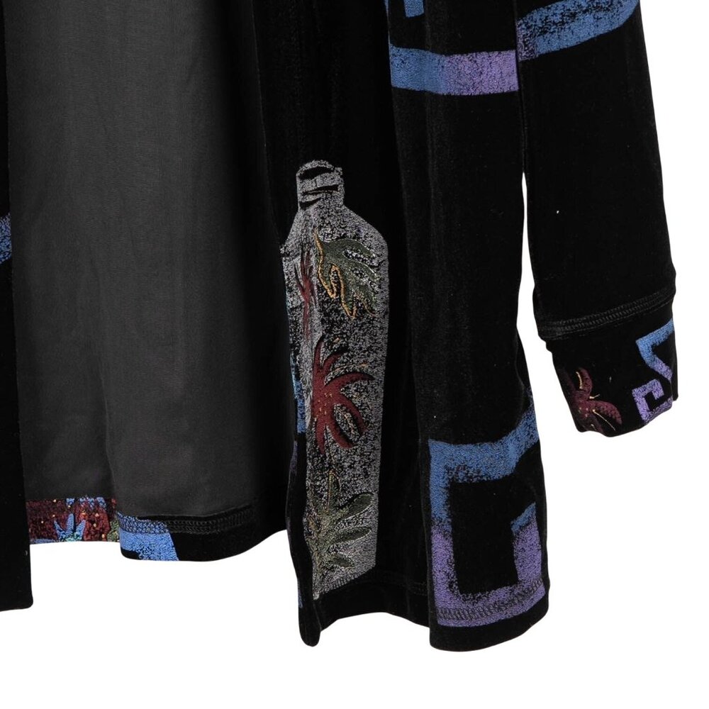 Studio G Velvet Open Front Cardigan Jacket L Abstract Vases Black Long Casual - Picture 3 of 5